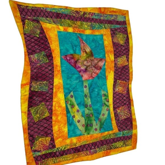 Handmade Tulip Floral Quilted Wall Hangings Place Mats Purple Teal Batik Fabric - Picture 3 of 11